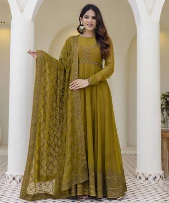 Olive green embroidered anarkali gown with soft net dupatta 2