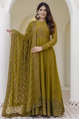 Olive green embroidered anarkali gown with soft net dupatta
