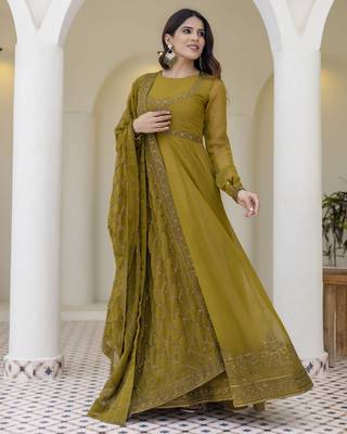 Olive green embroidered anarkali gown with soft net dupatta 3