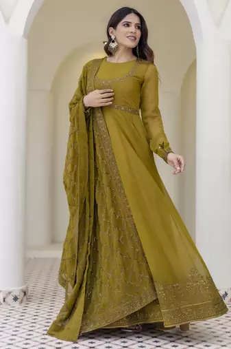 Olive green embroidered anarkali gown with soft net dupatta