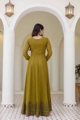 Olive green embroidered anarkali gown with soft net dupatta 4