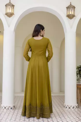 Olive green embroidered anarkali gown with soft net dupatta