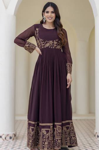 Brown embroidered anarkali gown with floral dupatta
