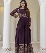 Brown embroidered anarkali gown with floral dupatta