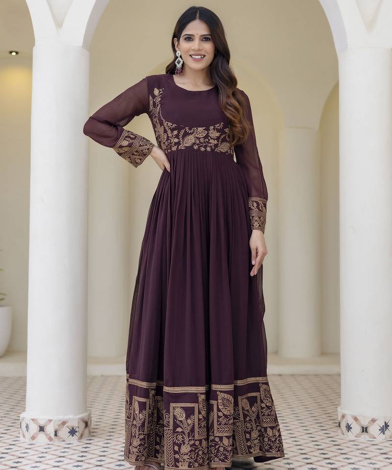 Brown embroidered anarkali gown with floral dupatta