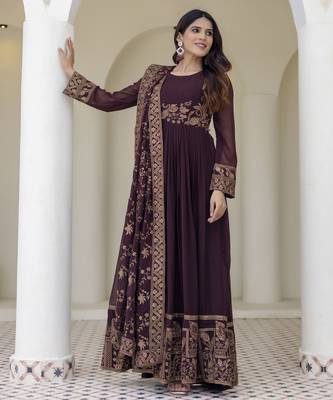 Brown embroidered anarkali gown with floral dupatta 2