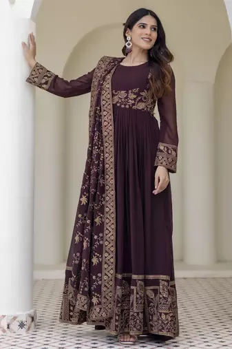 Brown embroidered anarkali gown with floral dupatta