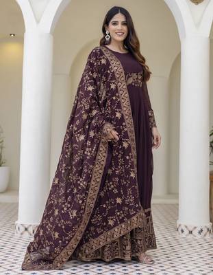 Brown embroidered anarkali gown with floral dupatta 3