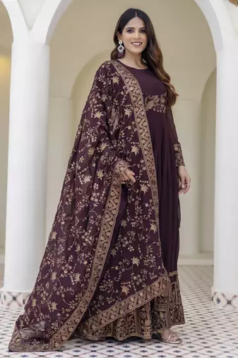 Brown embroidered anarkali gown with floral dupatta