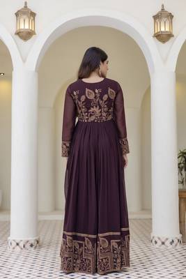 Brown embroidered anarkali gown with floral dupatta 4