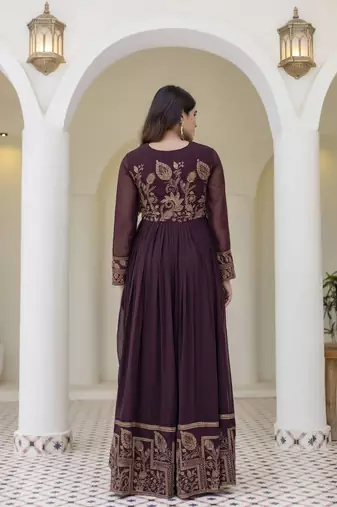 Brown embroidered anarkali gown with floral dupatta