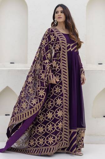 Royal purple embroidered anarkali gown with heavy dupatta