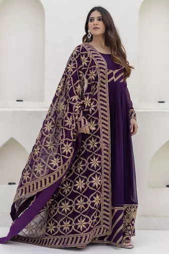 Royal purple embroidered anarkali gown with heavy dupatta