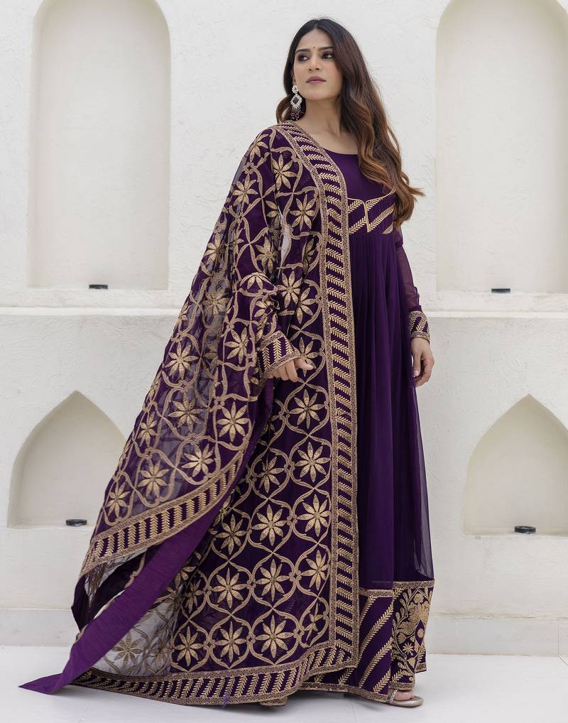 Royal purple embroidered anarkali gown with heavy dupatta