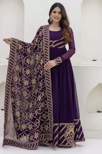 Royal purple embroidered anarkali gown with heavy dupatta