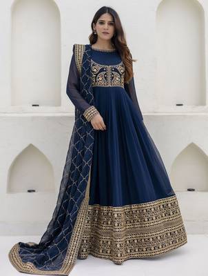 Navy blue embroidered anarkali gown with designer dupatta 1