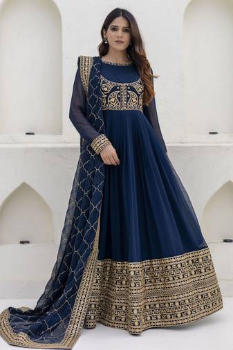 Navy blue embroidered anarkali gown with designer dupatta