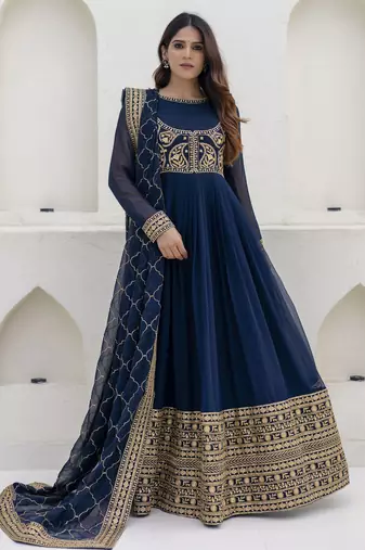 Navy blue embroidered anarkali gown with designer dupatta