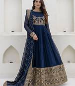 Navy blue embroidered anarkali gown with designer dupatta