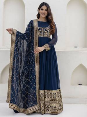 Navy blue embroidered anarkali gown with designer dupatta 2