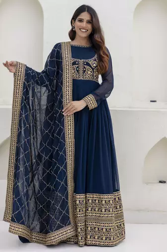 Navy blue embroidered anarkali gown with designer dupatta