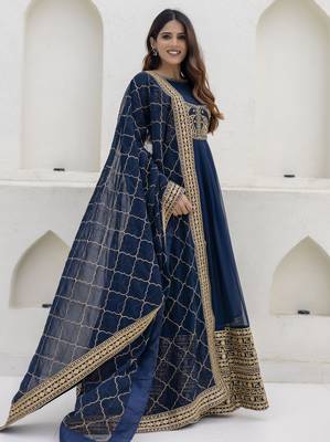 Navy blue embroidered anarkali gown with designer dupatta 3