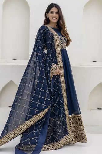 Navy blue embroidered anarkali gown with designer dupatta