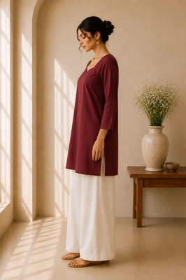 Maroon cotton plain casual kurta set for women 3