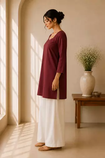 Maroon cotton plain casual kurta set for women