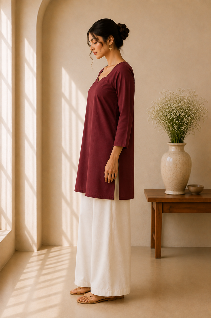 Maroon cotton plain casual kurta set for women
