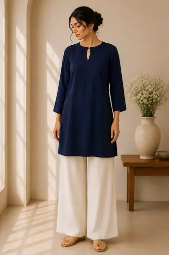 Blue cotton plain casual kurta set for women