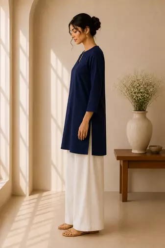 Blue cotton plain casual kurta set for women