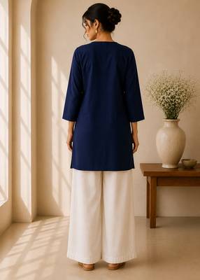 Blue cotton plain casual kurta set for women 3
