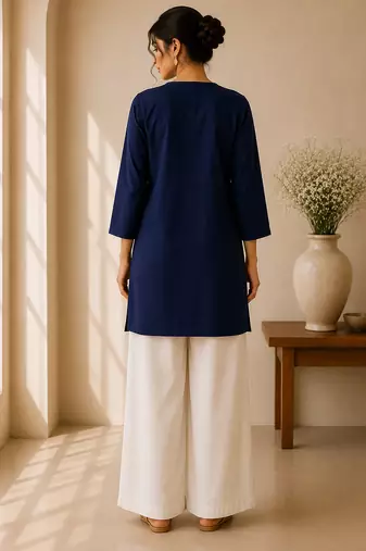 Blue cotton plain casual kurta set for women