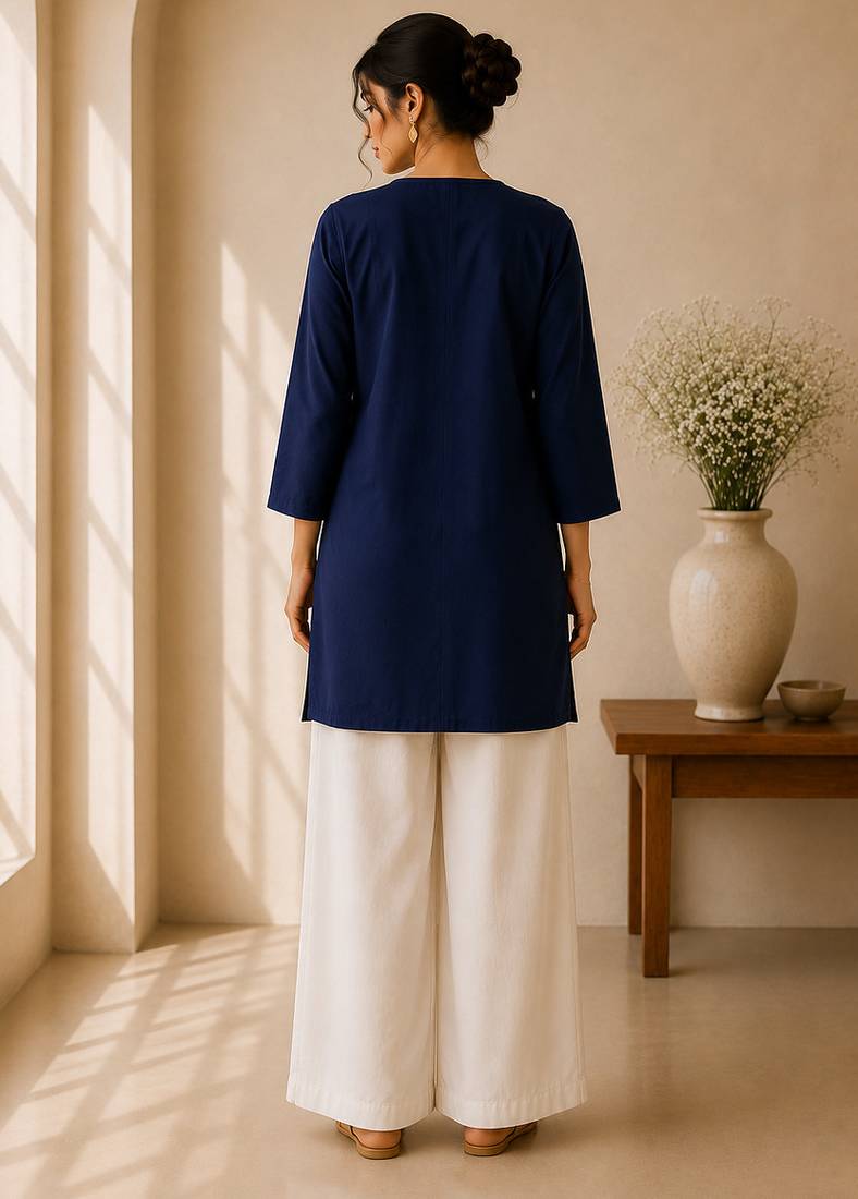 Blue cotton plain casual kurta set for women