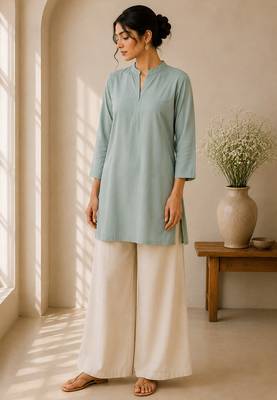 Blue cotton plain casual kurta set for women 1