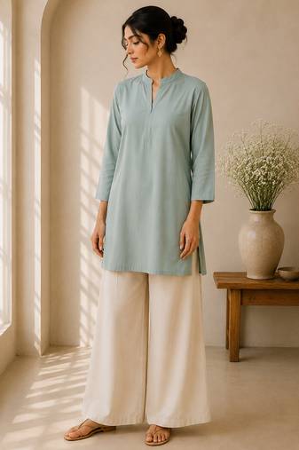 Blue cotton plain casual kurta set for women