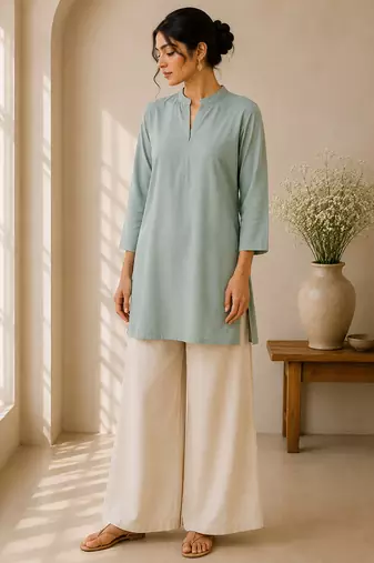Blue cotton plain casual kurta set for women