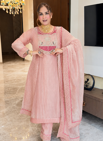 peach color embroidery beads work silk blend kurti set
