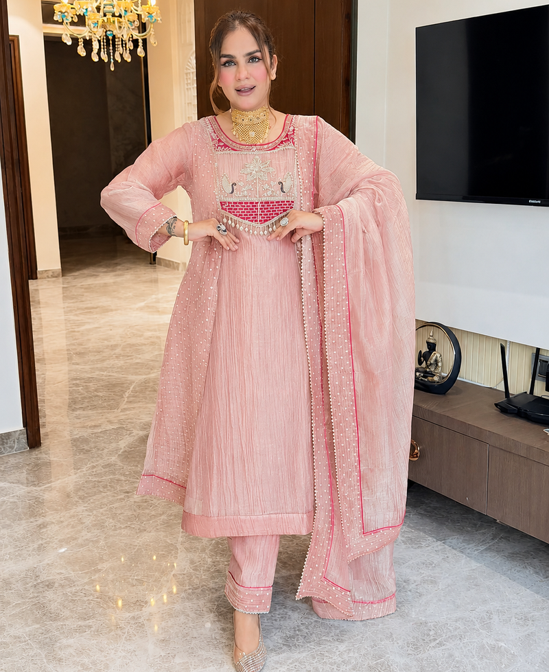 peach color embroidery beads work silk blend kurti set