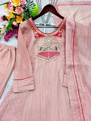 peach color embroidery beads work silk blend kurti set 2