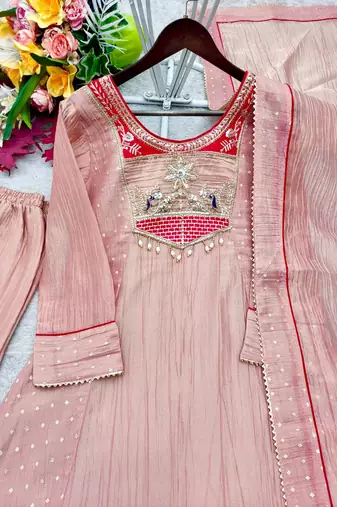 peach color embroidery beads work silk blend kurti set