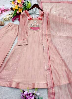 peach color embroidery beads work silk blend kurti set 3