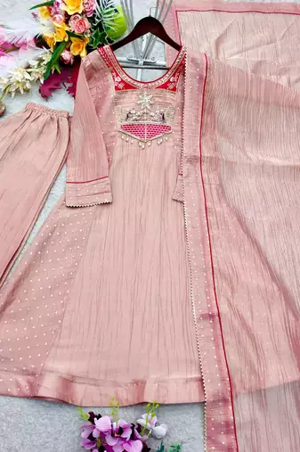 peach color embroidery beads work silk blend kurti set