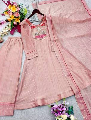 peach color embroidery beads work silk blend kurti set 4