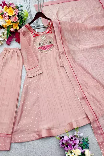 peach color embroidery beads work silk blend kurti set