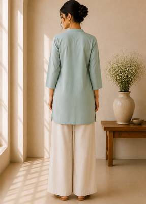Blue cotton plain casual kurta set for women 2
