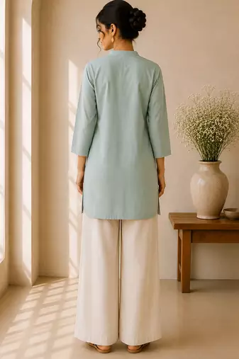 Blue cotton plain casual kurta set for women