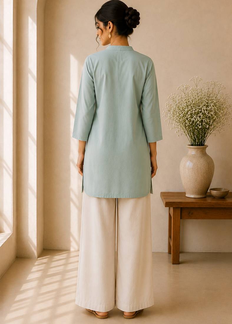 Blue cotton plain casual kurta set for women
