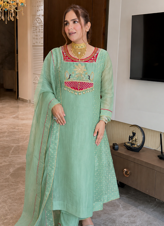 light green color embroidery beads work silk blend kurti set